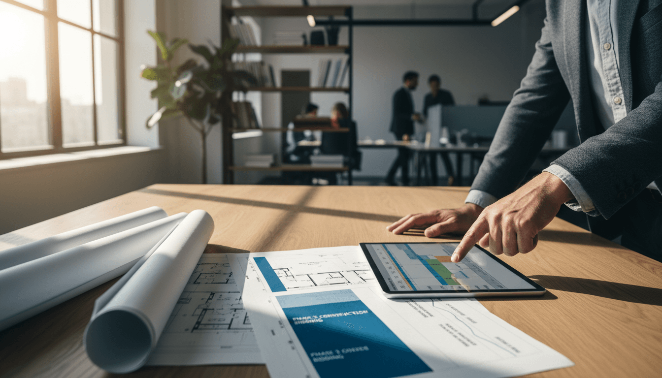 Project manager reviewing blueprints and project timelines at a modern workspace in Bratislava